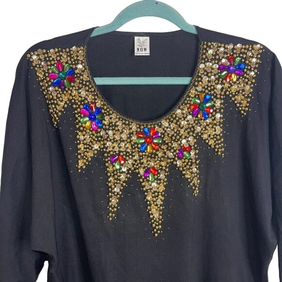 Now Collection Design Vintage Top Size Large Dolman Sleeve Cotton Sequin Beaded - Picture 3 of 9